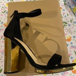 Gorgeous black and gold chunk heel open toe shoes